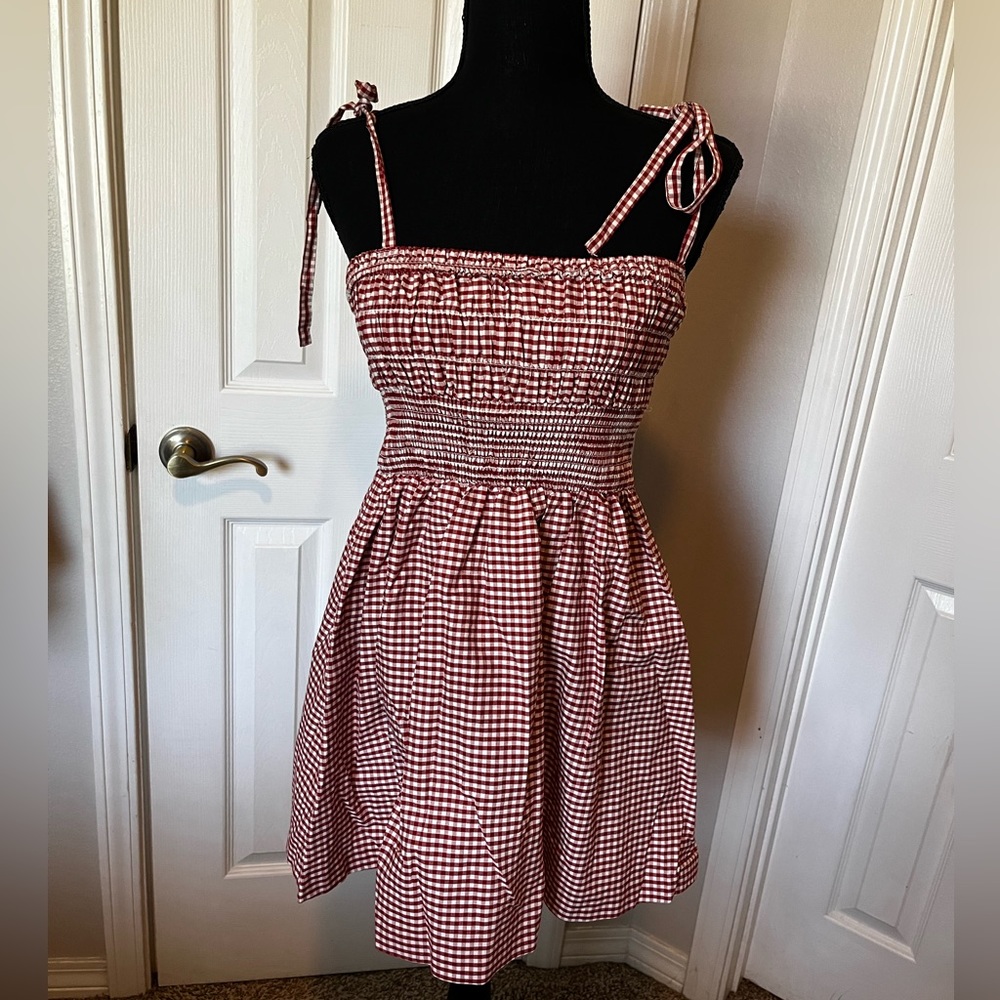 Red gingham touchet top tie strap mini dress